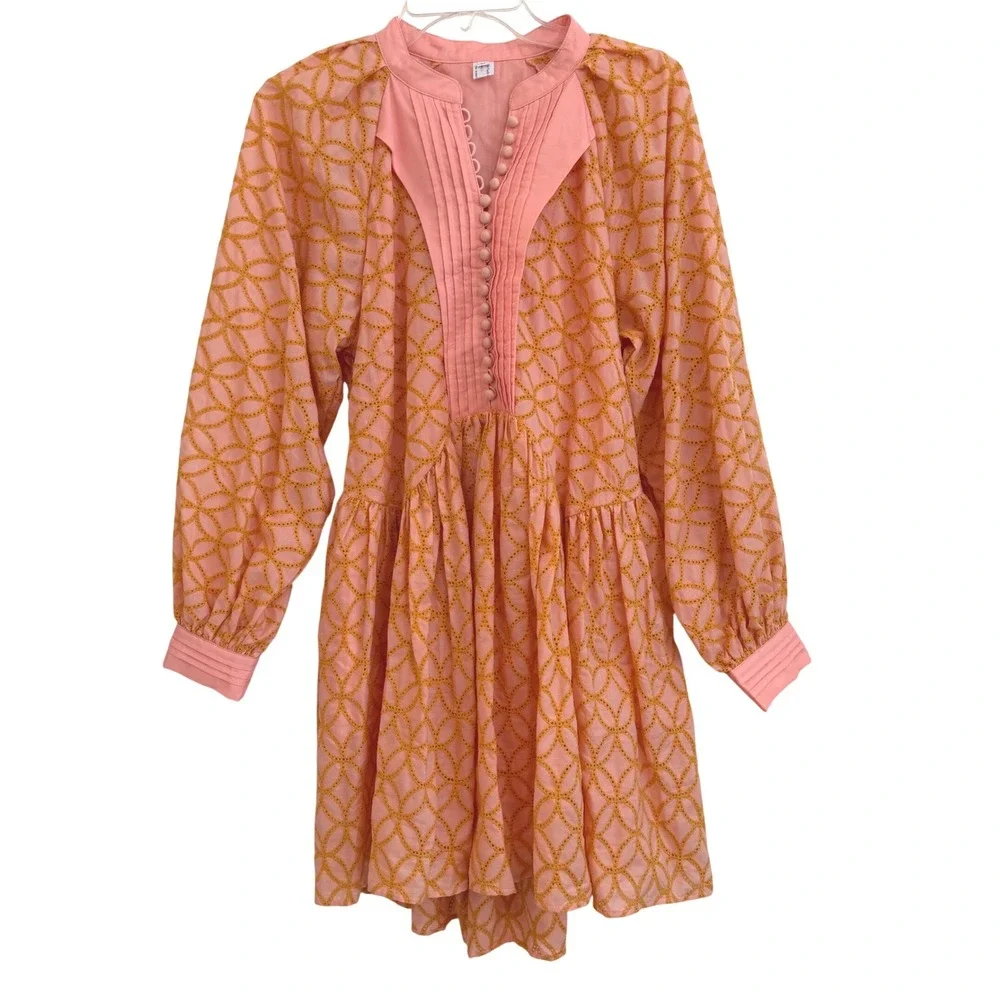 Aox Women Peach Orange Geometric Mini Dress Long Sleeve Pleated Bib Size M NWOT - Picture 3 of 11